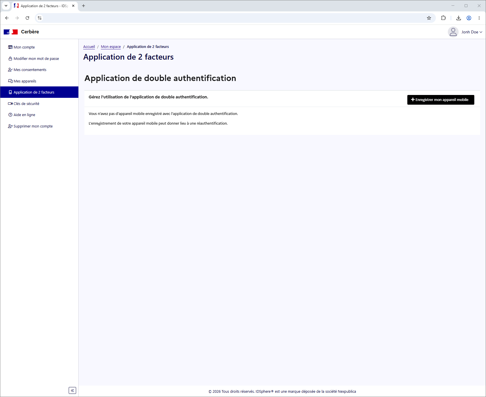 Page Application de 2 facteurs sans appareil enregistré